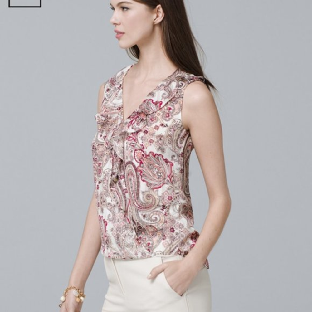 White House Black Market Sleeveless Top Paisley Print Ruffled V-Neckline Lined 2